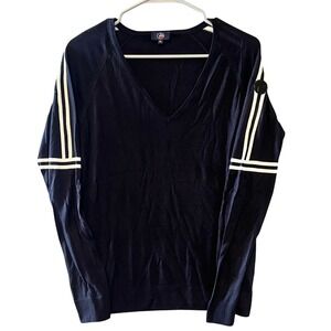 Fusalp V-Neck Sweater Long Sleeve Striped Trim Pullover Top‎ Navy Blue M